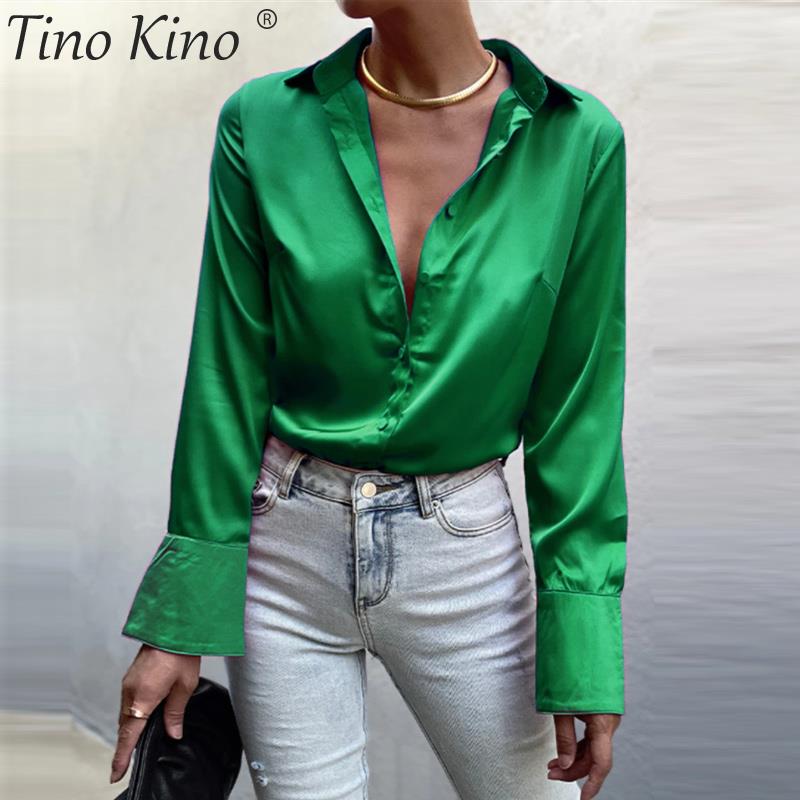 Satin Elegant Women Shirt Green Button Up Lapel Loose Office Ladies Shirts Top 2022 New Spring Summer Long Sleeve Blouse Tops