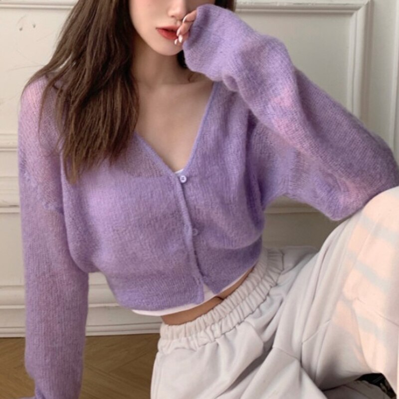 Soft Sweater Cardigan Thin Female New Spring Cashmere Mohair Short Slim Long Sleeve Jacket Cute Streetwear Women