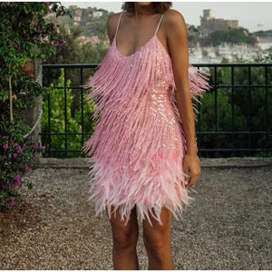 Vssjavun Sequins Tassel Feather Spaghetti Strap Dress Women Fashion Sexy Stitching Mini Dress Evening Party Club Elegant Dress