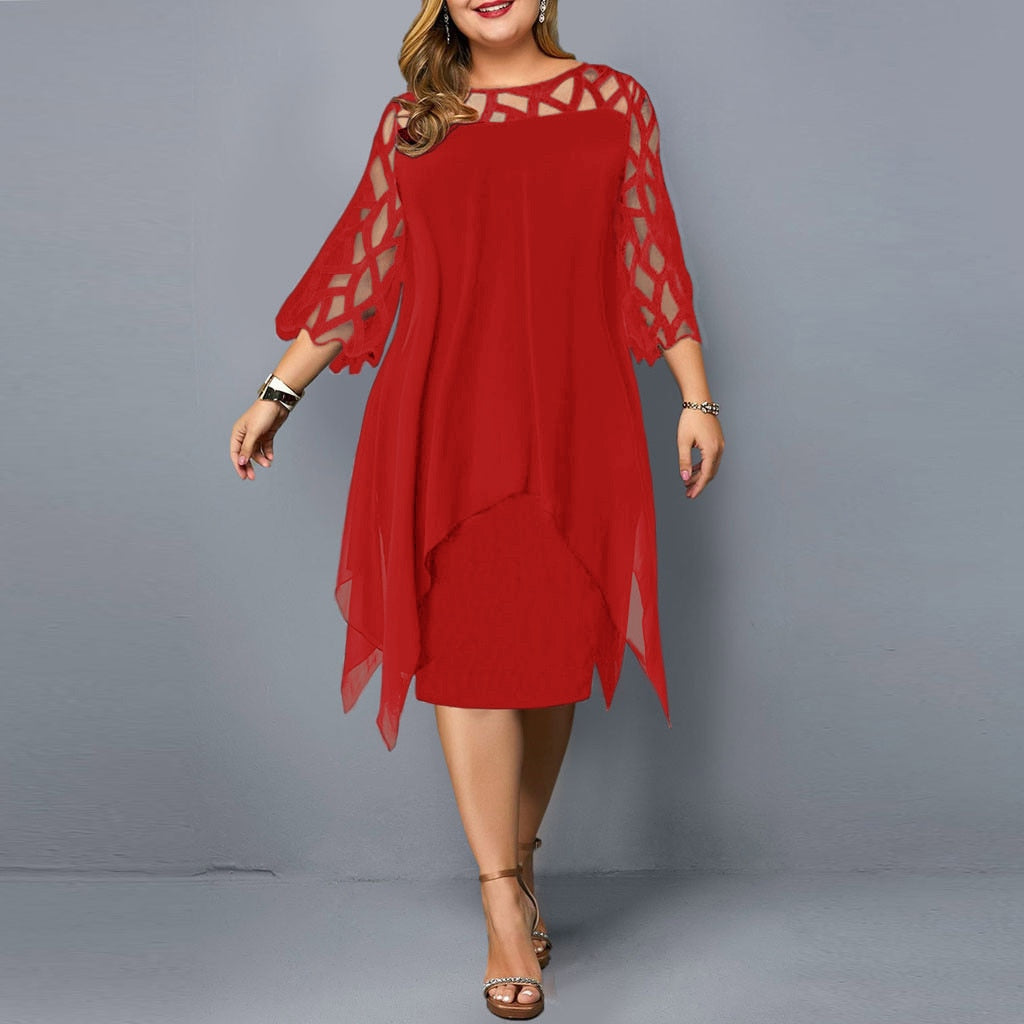 Elegant Midi Party Dress For Chubby Women Xxl O Neck Lace Sleeve Hollow Out Solid Sexy Women&#39;S Clothing  Evening Dresses 2023