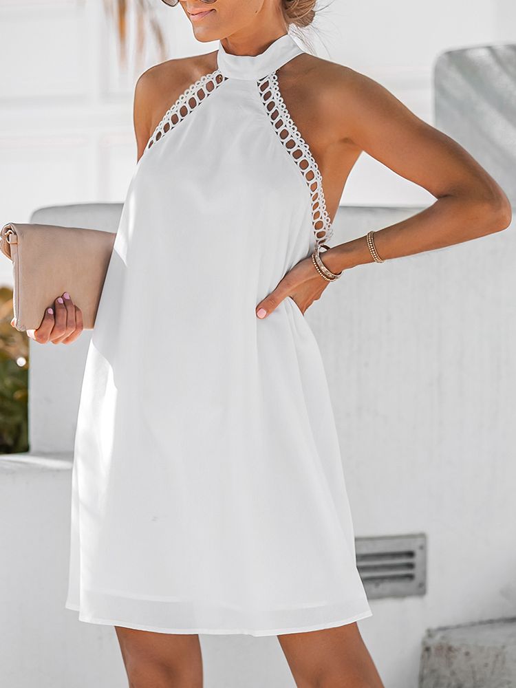 White Lace Trim Halter Mini Dress For Women Sexy Backless Sleeveless Holiday Beach A-line Dress 2023 Summer Female Dress