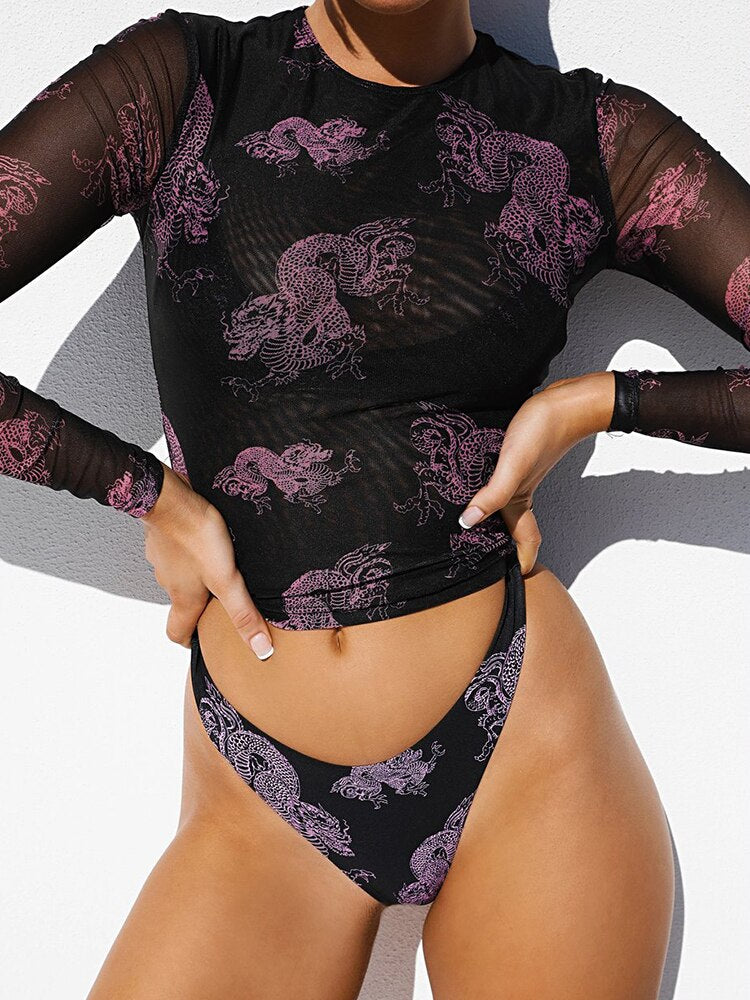 3-Piece Mesh Black Sheer Beach Wear Dragon Print NewWomen Mesh See Through Long Sleeve Slim Crop Sexy Bikini Swimsuit Tee Top