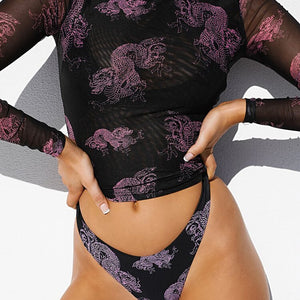 3-Piece Mesh Black Sheer Beach Wear Dragon Print NewWomen Mesh See Through Long Sleeve Slim Crop Sexy Bikini Swimsuit Tee Top