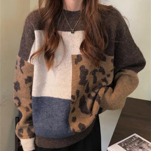 H.SA 2022 Women Vintage Leopard Pullover And Sweaters Winter Patchwork Brown Knit Jumpers Loose Style Korean Slim Pull Jumpers