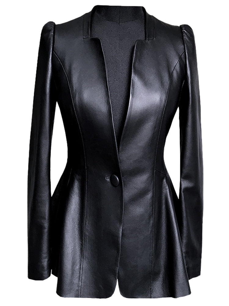 Lautaro Autumn Black Slim Soft Pu Leather Jacket Women Deep V Neck Long Puff Sleeve Elegant Luxury Skirted Blazer Fashion 2021