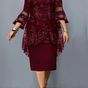 2023 Women Plus Size Dress O-neck Midi Loose Dress M-5XL Lady Evening Lace Mesh Sexy Elegant Dress Female Clothing
