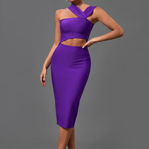 Bandage Dresses for Women 2022 Purple Bodycon Dress Evening Party Elegant Sexy Cut Out Midi Birthday Club Outfit Summer New