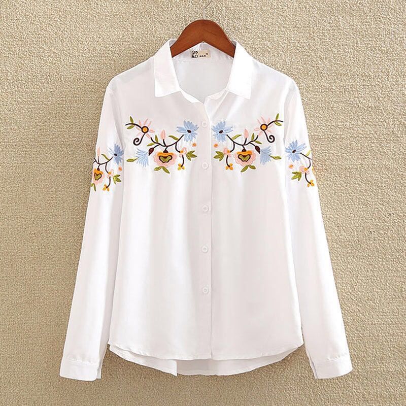 Cotton Plus  Feather Embroidery White Long Blouse Women Long Sleeve Art Loose Ladies Office Work Tops Button Down Shirts