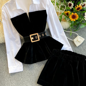 DEAT 2022  Spring Autumn Long Sleeve Patchwork Velvet Size Small Tops With Belt High Waist Shorts Two Piece Set Women MH334