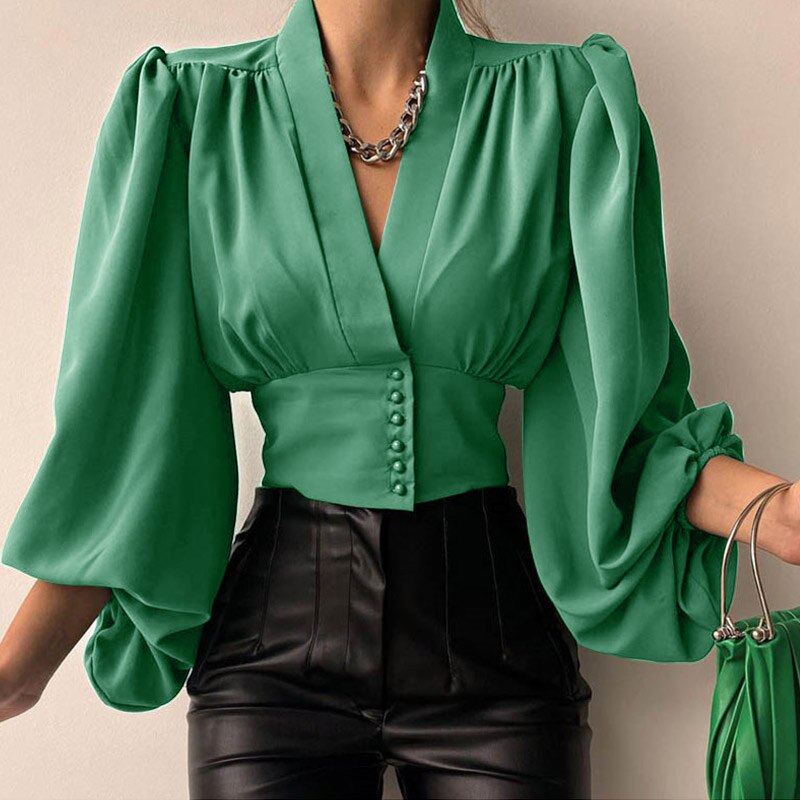 Cropped Lantern Sleeve Women&#39;s Shirt Deep V-neck Pleated Spring Summer Blouses Women New Fashion Office Lady Shirts Tops