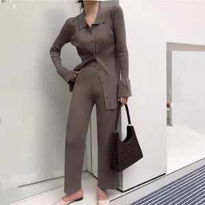 Sweater Solid Color Suits Women Matching Sets Oversize Fleece Pants Roll Collar Knitted Top Flare sleeve Lazy Urban Style