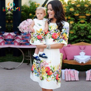Floral Mother Daughter Dresses Family Matching Clothes Mama Mom Mother &amp; Kids Family Look Half Sleeve A-Line Knee-length Dresses