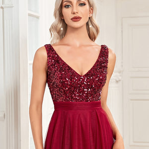 Lucyinlove Elegant V-Neck Sleeveless Sequin Floor Length Evening Dress 2022 Red Prom Party Luxury Cocktail Dress Robe For Women