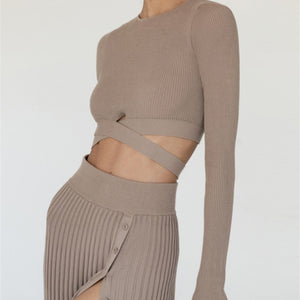 Tossy New White Knit Two Piece Women Sets Fall Ribbed Crop Top And Pleated Knitted Skirt Suits For Women Midi Dress Sets 2022