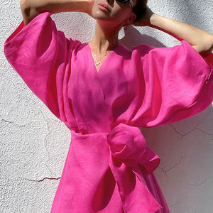 Summer Dress 2023 Fashion Hot Pink Loose Casual V-Neck Short Dress Women Holiday Sundress Breathable Cotton Linen Beach Dresses