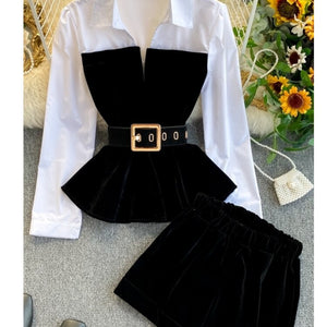 DEAT 2022  Spring Autumn Long Sleeve Patchwork Velvet Size Small Tops With Belt High Waist Shorts Two Piece Set Women MH334