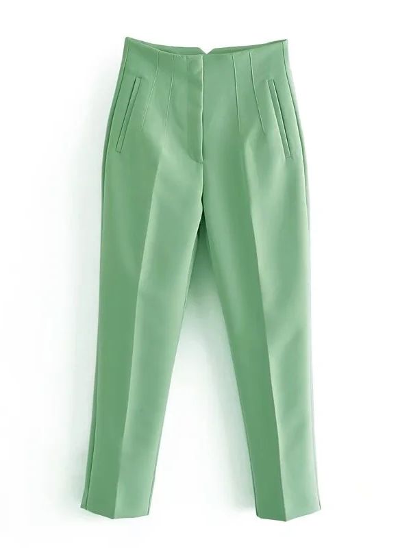 Light Blue Chic Fashion Office Wear Straight Pants Vintage High Waist Zipper Fly Female Trousers Fashion 2022