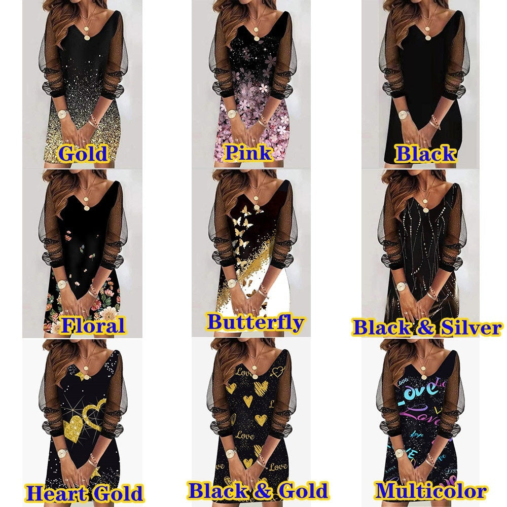 Ladies Plus Size Dress Casual Elegant A-Line Dress Party Dress Metal Belt Butterfly Print Cutout Long Sleeve Lace V Neck Dress