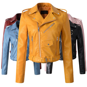 New Arrival 2022 brand Winter Autumn Motorcycle leather jackets yellow leather jacket women leather coat  slim PU jacket Leather