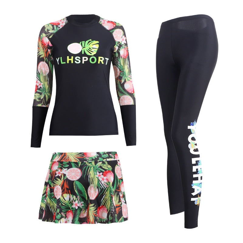 Sunscreen UPF50+ Full Body Women&#39;s Rash Guard 3 Piece Long Sleeve Swimsuit Female Surfsuit UV Protective Swimwear Diving Suit