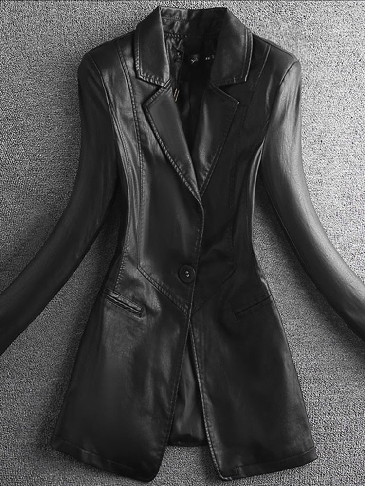 Lautaro Spring Elegant Black Light Soft Faux Leather Blazer Long Sleeve Slim Fit Luxury Women Blazers and Jackets Fashion 2021