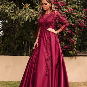 Evening Dresses Sling Burgundy Lace O-Neck Sequins Mermaid Long Sleeves Floor Length 2022 New Exquisite Women Prom Party Dress