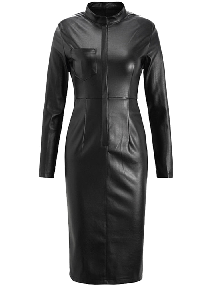 Lautaro Spring Autumn Slim Black Soft Stretchy Faux Leather Dress Women with Sleeves Zipper Knee Length Designer Clothes Fashion