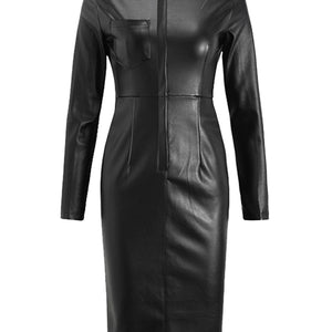 Lautaro Spring Autumn Slim Black Soft Stretchy Faux Leather Dress Women with Sleeves Zipper Knee Length Designer Clothes Fashion