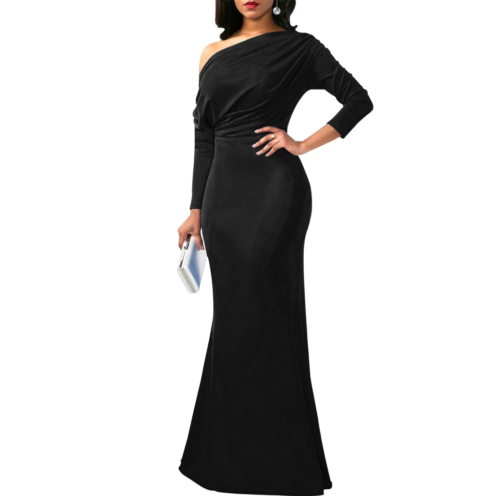 Women Oblique Shoulder Slim Folds Long Dress Elegant Evening Party Floor Length Dresses Vestido de festa