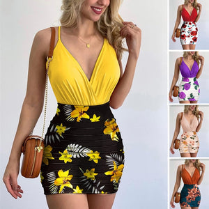 Sexy Strap Deep V-Neck Two Piece Sets Women Dress Floral Print Sleeveless Backless Tops Shirt 2022 Summer Boho Beach Mini Skirt