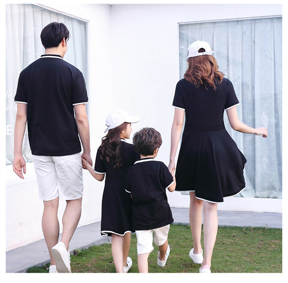 -3XL Family Matching Clothes Spring  Summer Father Son Short-sleeved Cotton POLO Shirt Mother Daughter Dress Family Look Outwear