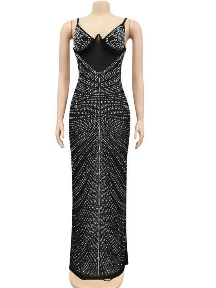 Sparkle Black Mesh Sheer Rhinestones Maxi Dress Gown Women Glam Spagetti Straps Crystal Party Dress Celebrities Outifts
