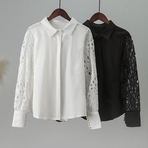 Satin Hollow Out Women&#39;s Shirt Lace Patchwork Lapel Fashion Sexy Mesh Office Ladies Shirts 2022 Spring White Button Top Female