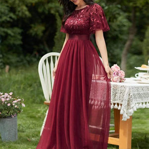 2023 New Women&#39;s Burgundy A-Line Sequin Mesh Leaf Maxi Prom Dress Sparkle Evening Dresses O-Neck Short Sleeve Long Dress