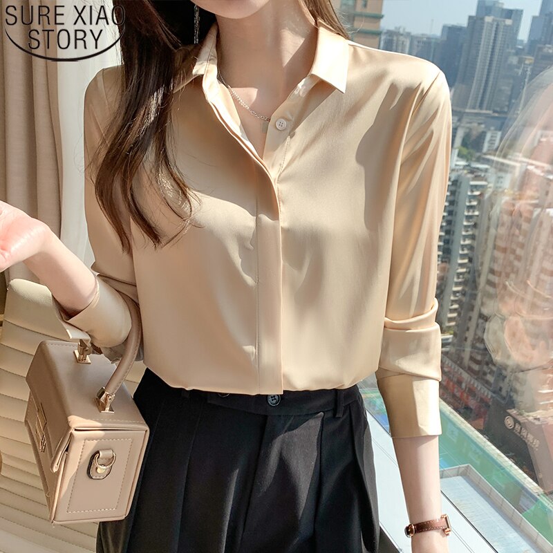 2022 Spring Office Lady Silk Blouse New Satin Shirts Women Chiffon Blouses Turn Down Collar Long Sleeve Tops Casual Loose Tops
