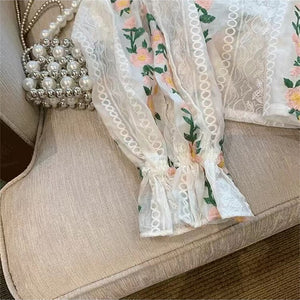 Summer Women Lace Floral Embroidery Blouses Ladies Sexy Mesh Transparent Elegant Fashion All-Match See-through White Shirts Lady