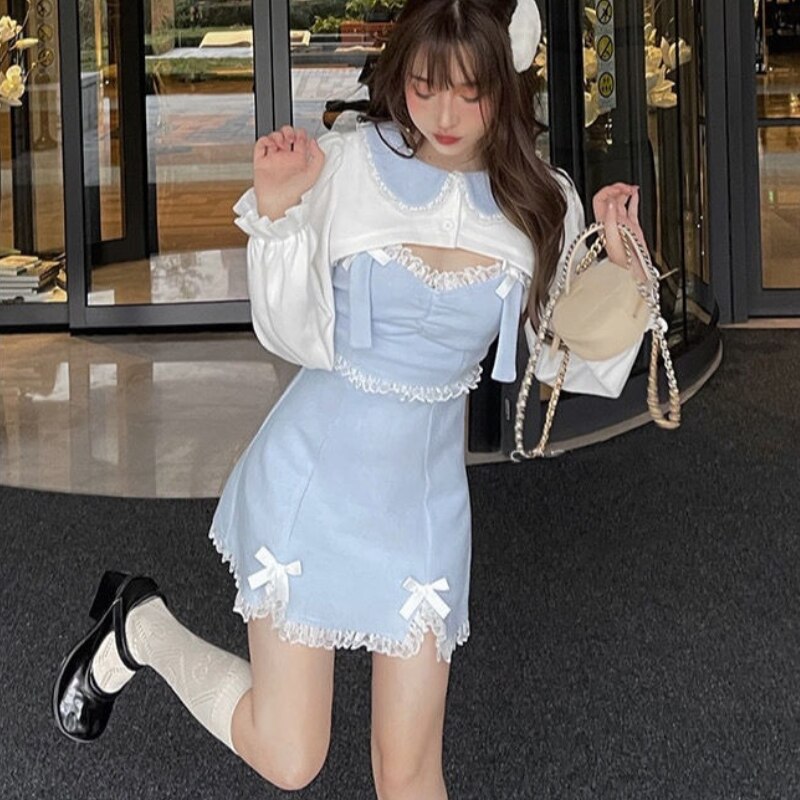 Japanese Sweet Lolita Dress Lace Women Bow Pink Kawaii Party Mini Dresses Female Blue Princess Korean Fashion Dresse Winter 2022
