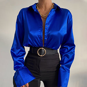 Satin Elegant Women Shirt Green Button Up Lapel Loose Office Ladies Shirts Top 2022 New Spring Summer Long Sleeve Blouse Tops