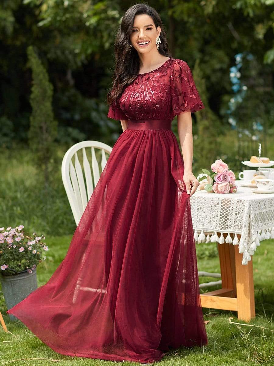 2023 New Women&#39;s Burgundy A-Line Sequin Mesh Leaf Maxi Prom Dress Sparkle Evening Dresses O-Neck Short Sleeve Long Dress