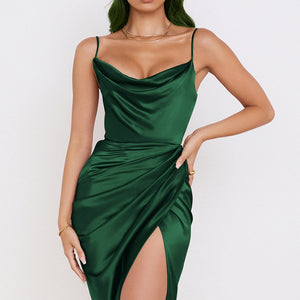 Swing Collar Sexy Split Satin Dress Summer Fashion Sling Temperament Folds High Waist Solid Pullover Elegant Women Dresses 2022