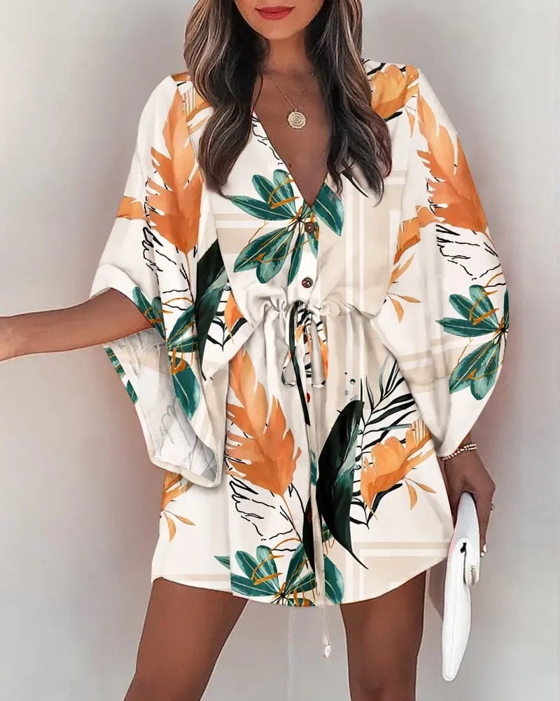 Summer Beach Mini Dresses Women Boho Casual Print V Neck Lace Up Button Batwing Sleeve Female Sexy Party Dress Vestidos