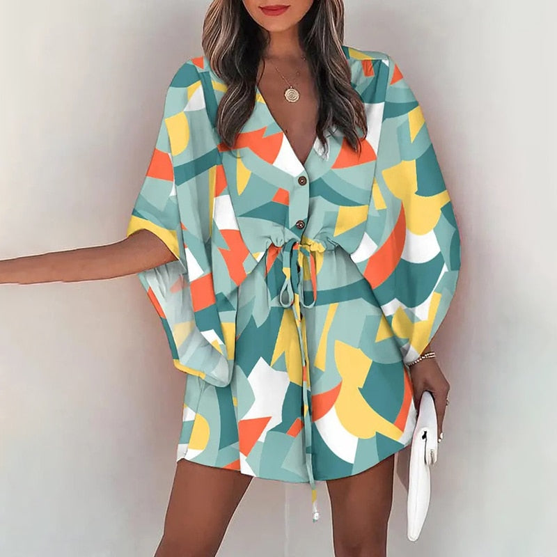 Summer Beach Mini Dresses Women Boho Casual Print V Neck Lace Up Button Batwing Sleeve Female Sexy Party Dress Vestidos