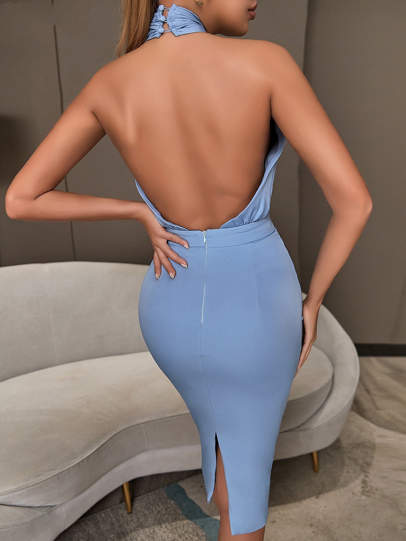 New Summer Backless Halter Hollow Out Dress Women Sexy Sleeveless Fashion Blue Celebrity Evening Runway Party Dresses