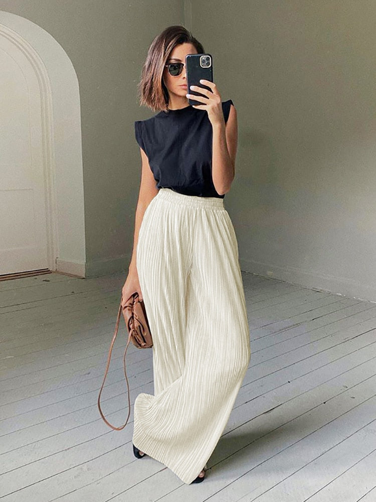 Mnealways18 Beige Pleated Wide Leg Pants Womens Pants Fashion 2022 Casual Loose Trousers Office Lady Elegant Long Palazzo Pants