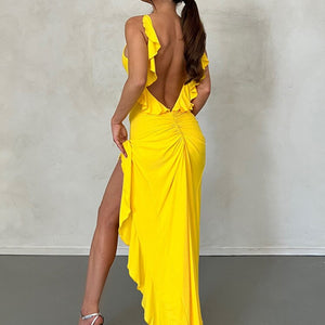 2023 Summer Women&#39;s Dresses Sexy Backless Bodycon Mermaid Dresses with Ruffle Trim Yellow Elegant Evening Party Dresses