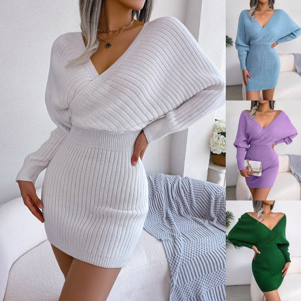 New In Mini Dress For Women 2022 Sexy Cross V-neck Solid Colors Lift Hip Evening Party Dresses Long Sleeve Skirt Sweater Dresses