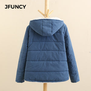 JFUNCY Women Winter Fleece Parkas Coat New Korean Casual Jackets Cotton Hooded Windproof Warm Pink Khaki Velvet Coat for Women