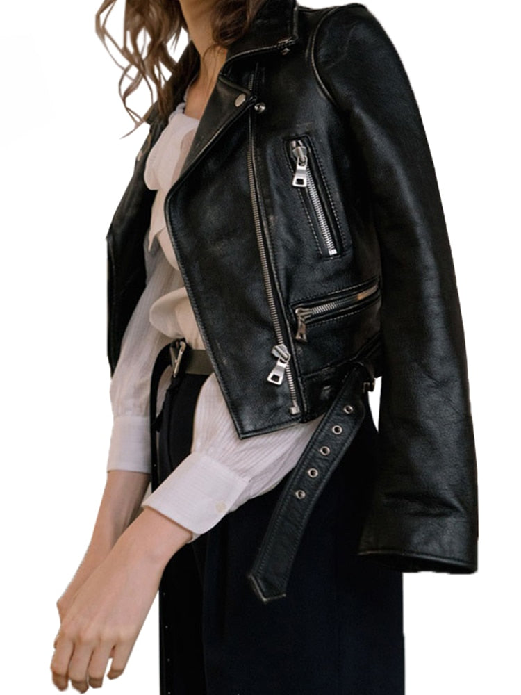 FTLZZ New Women Autumn Winter Black Faux Leather Jackets Zipper Basic Coat Turn-down Collar Motor Biker Jacket With Belt