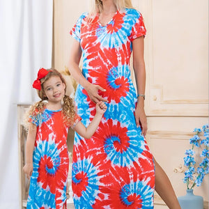 Summer matching family outfits Mom and daughter British round neck round hem slit women&#39;s dress For Mommy and me clothes