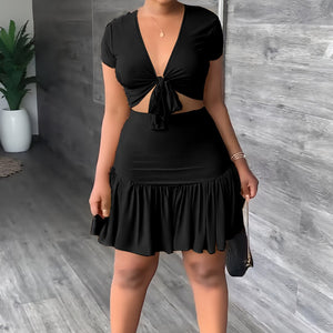 Summer Two Piece Set Women Fashion Solid V-neck Lace-up Short-sleeved Top Ruffled A-line Skirt Two Piece Suit Women